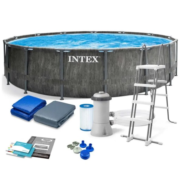 INTEX 26744NP базен 549x122cм со метална конструкција ГРЕЈ ВУД+ филтер и скали 